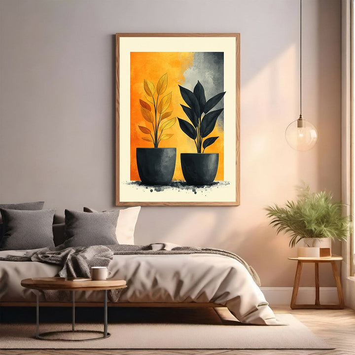 Wadi Home abstract botanical art print featuring two potted plants in yellow and grey watercolor style.