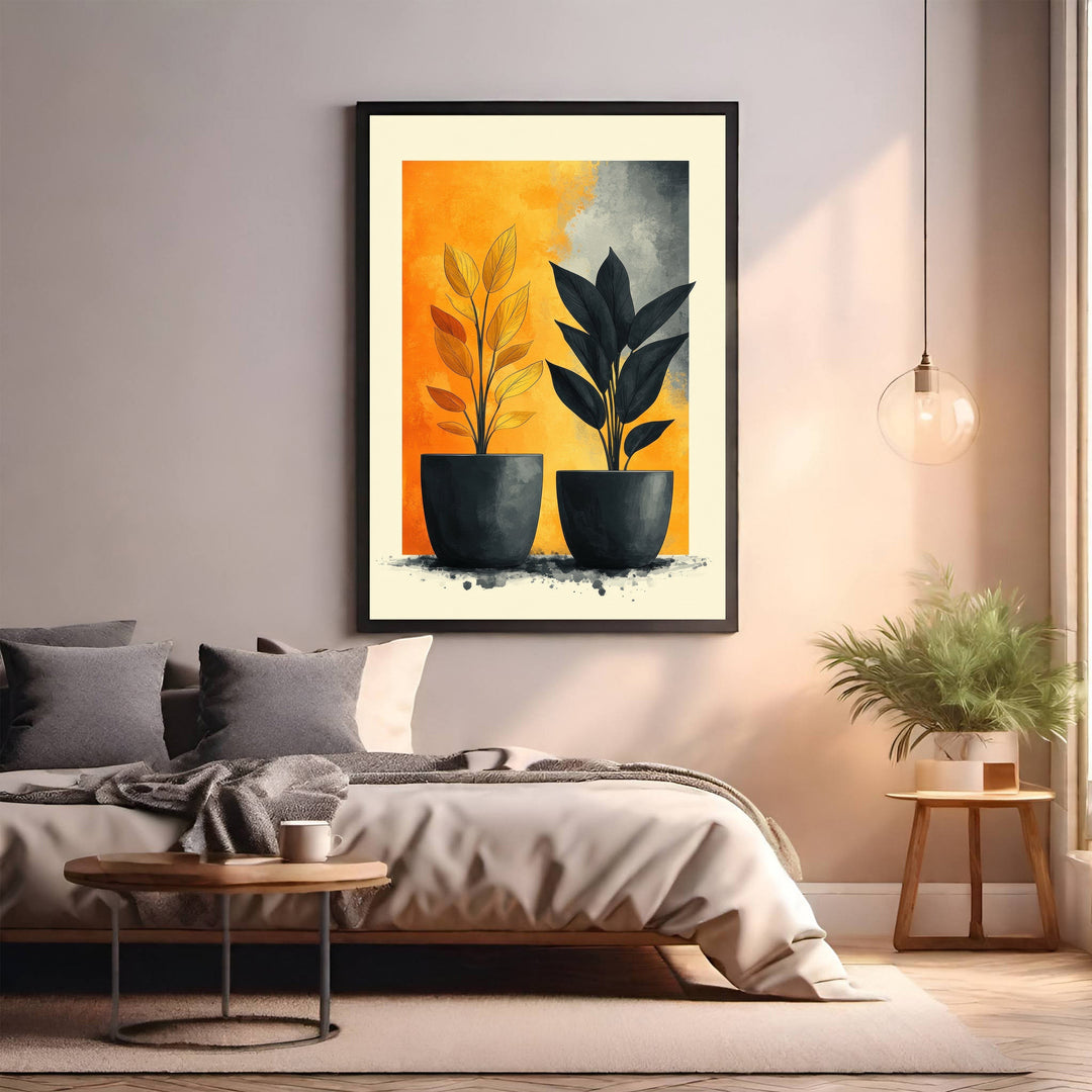 Wadi Home abstract botanical art print featuring two potted plants in yellow and grey watercolor style.