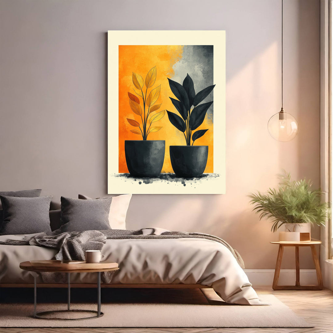 Wadi Home abstract botanical art print featuring two potted plants in yellow and grey watercolor style.