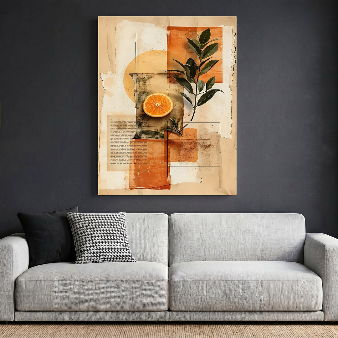 Wadi Home abstract botanical collage wall art featuring citrus and foliage in burnt orange and cream on a grey wall.