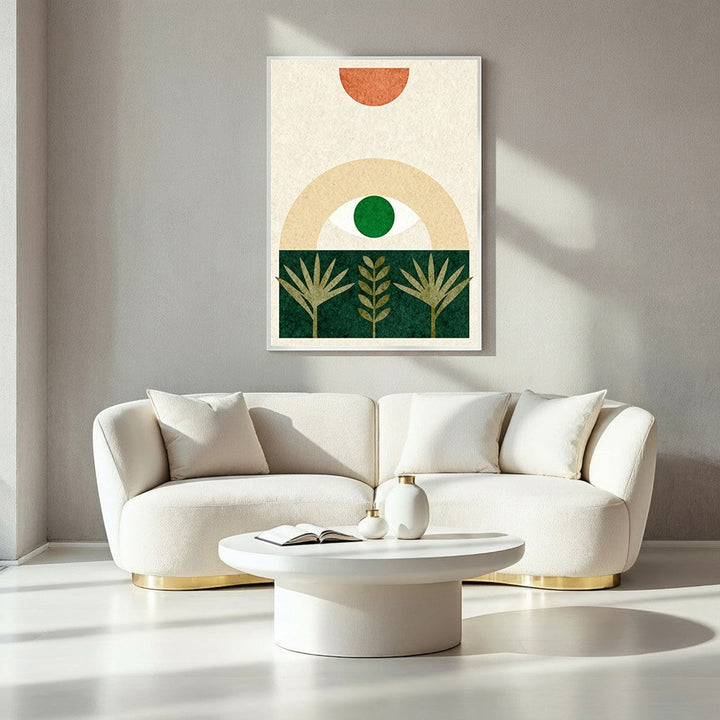 Wadi Home Abstract Botanical Eye Framed Wall Art with green eye, terracotta sun, and plants on cream background.