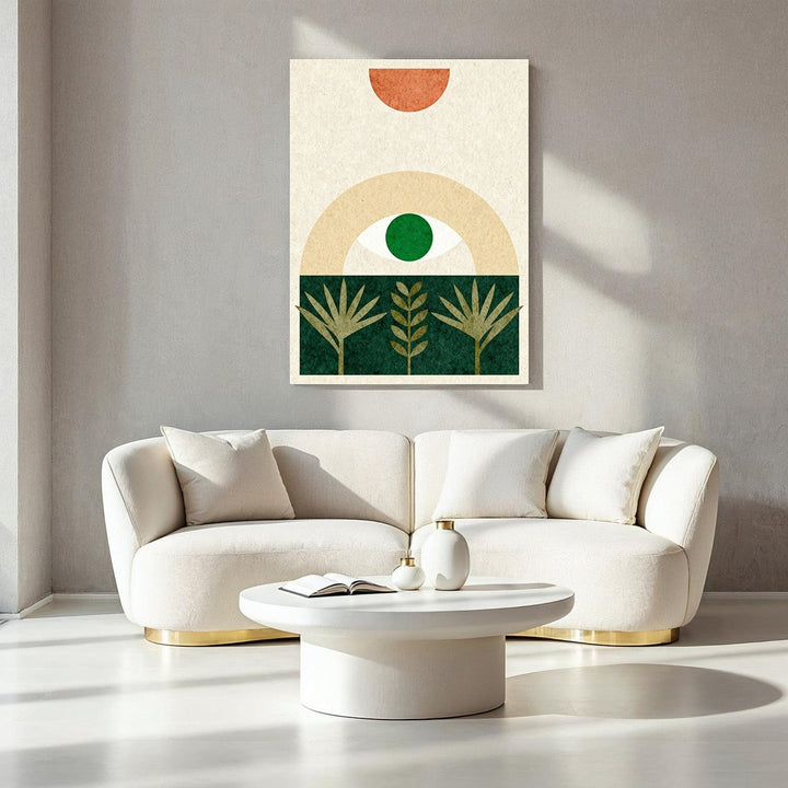 Wadi Home abstract botanical eye wall art with green eye, terracotta sun, and cream background.