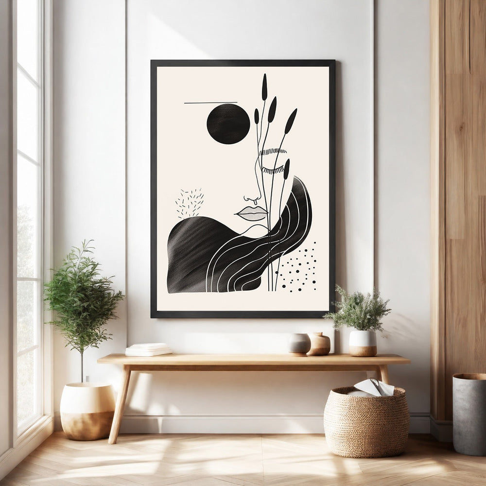 Wadi Home abstract black and cream face with botanical elements wall art. Minimalist line art with a serene aesthetic.
