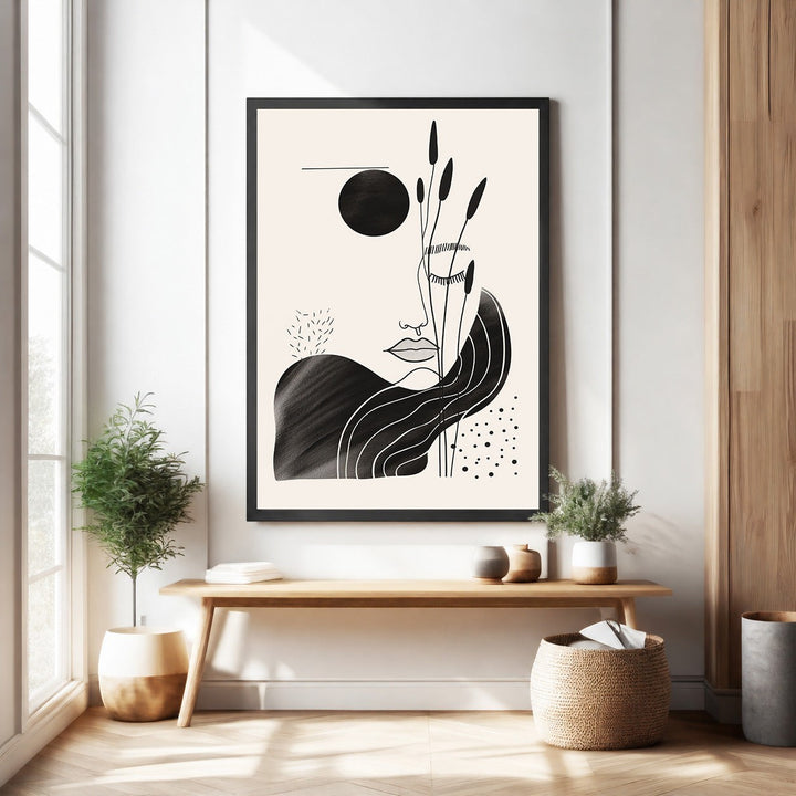 Wadi Home abstract black and cream face with botanical elements wall art. Minimalist line art with a serene aesthetic.