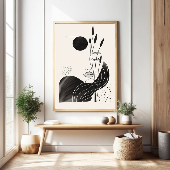 Wadi Home abstract black and cream face with botanical elements wall art. Minimalist line art.