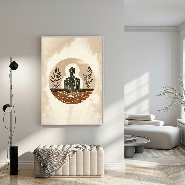 Wadi Home abstract wall art with a dark figure surrounded by botanical elements and brown waves. Earthy tones of beige, brown, and muted green.