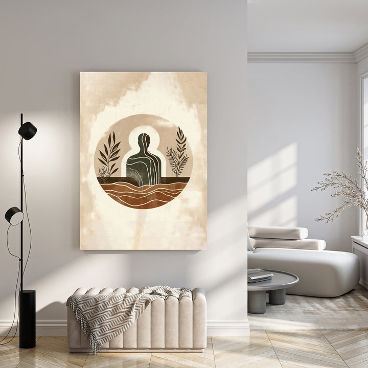 Wadi Home abstract wall art with a dark figure, botanical elements, and wavy lines in earthy tones of brown, beige, and green.