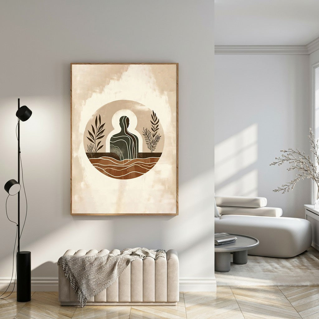 Wadi Home abstract wall art with a dark figure surrounded by botanical elements and wavy lines in earthy tones.