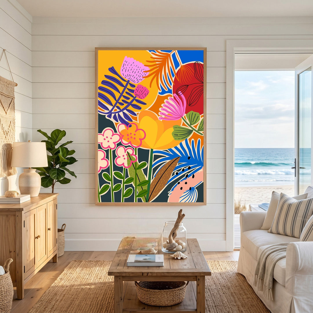 Wadi Home abstract botanical garden framed wall art with vibrant floral patterns in a coastal living room.