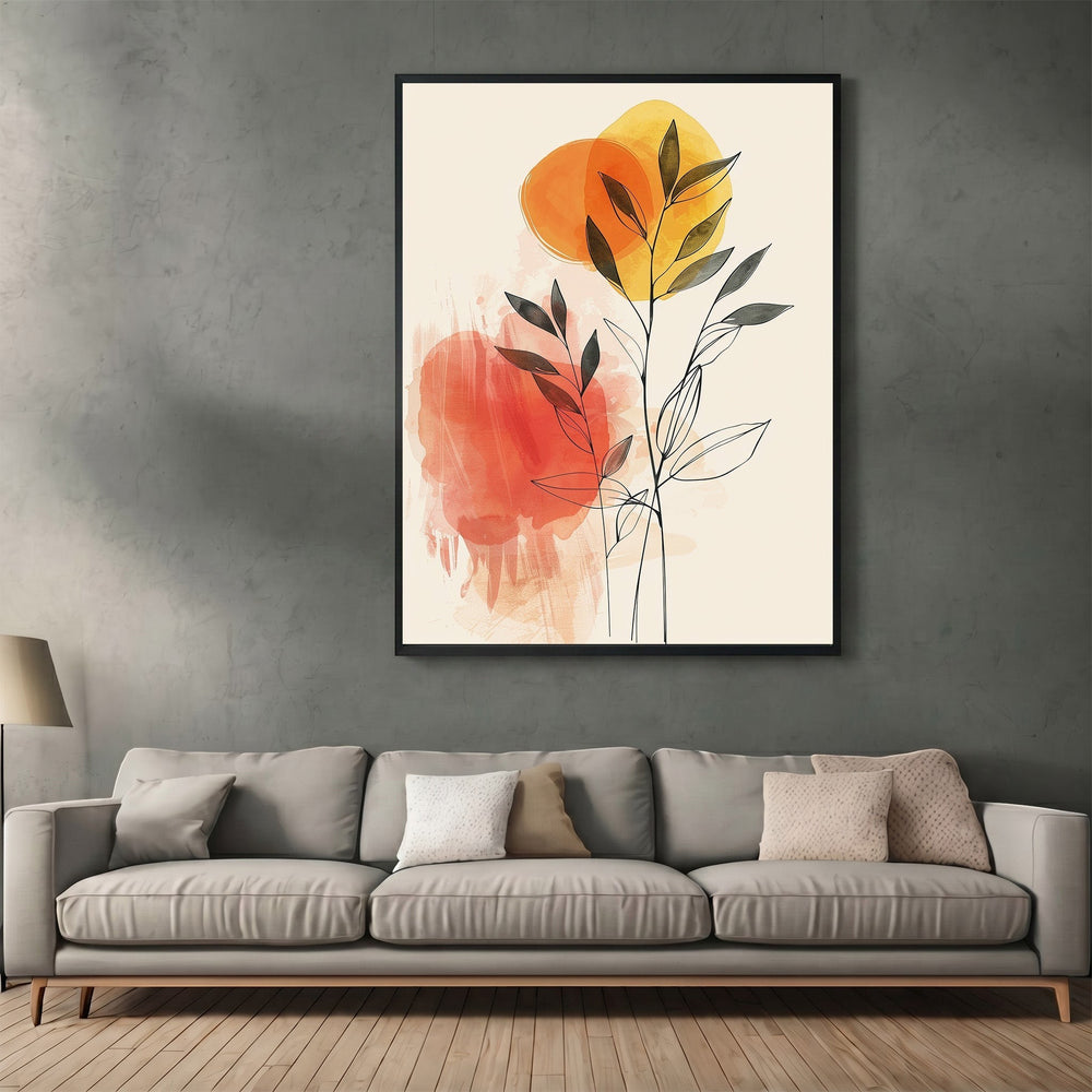Wadi Home abstract botanical line art print with orange and yellow watercolor accents in a black frame above a sofa.