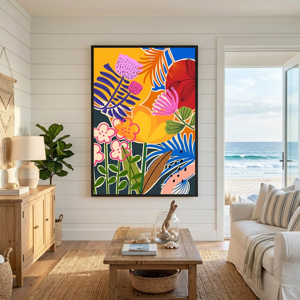 Wadi Home abstract botanical garden framed wall art with vibrant floral patterns in a coastal living room setting.