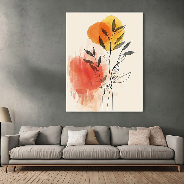 Wadi Home framed abstract botanical wall art with black line drawings and sunset orange watercolor on cream background