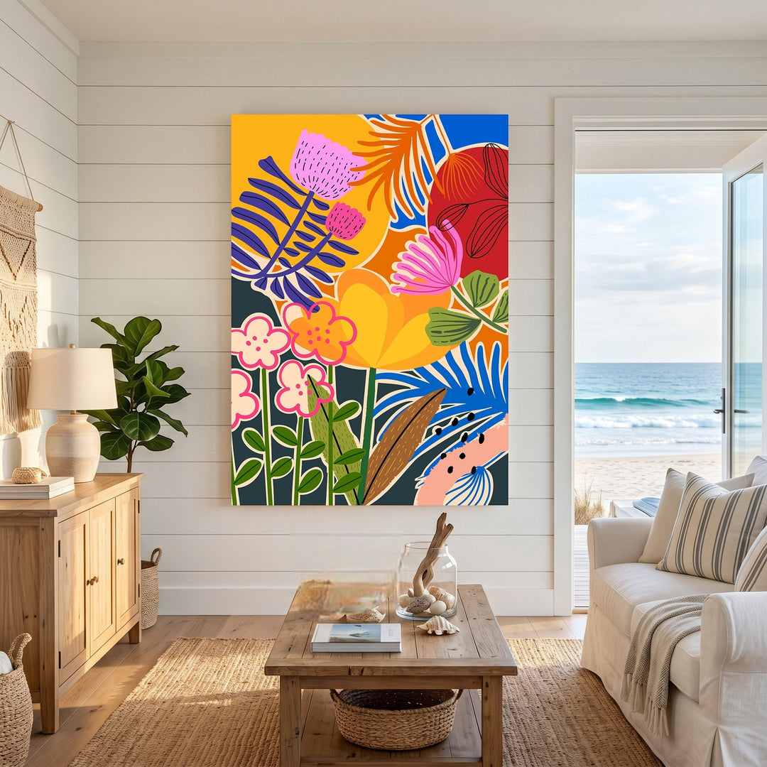 Wadi Home abstract botanical framed wall art with vibrant floral patterns in a coastal living room setting.