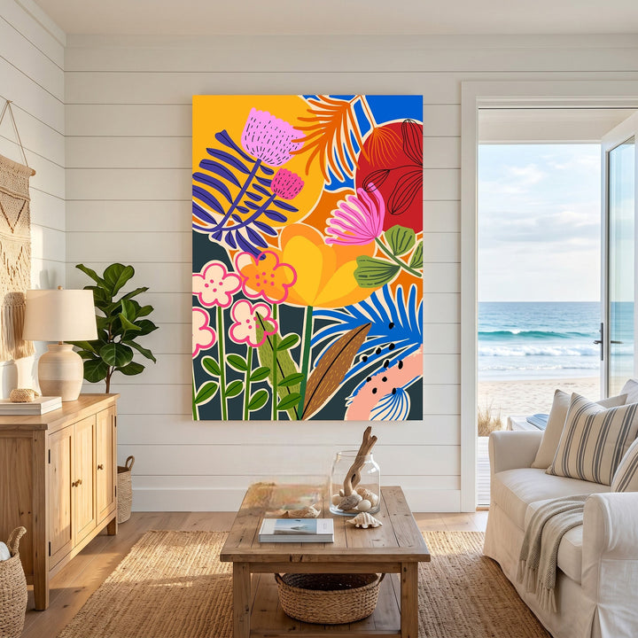 Wadi Home abstract botanical framed wall art with vibrant floral patterns in a coastal living room setting.