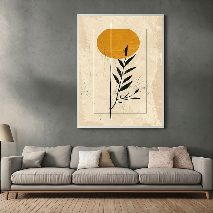 Wadi Home abstract botanical framed wall art with a mustard yellow sun and black foliage on a textured neutral canvas