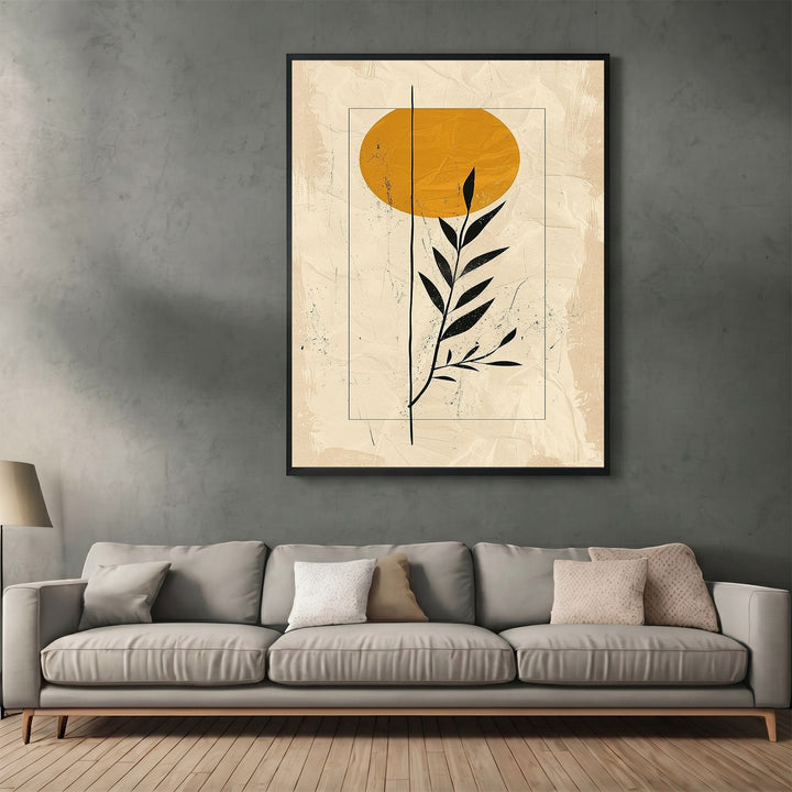 Wadi Home abstract botanical framed wall art with a mustard sun and black foliage on a textured neutral background.