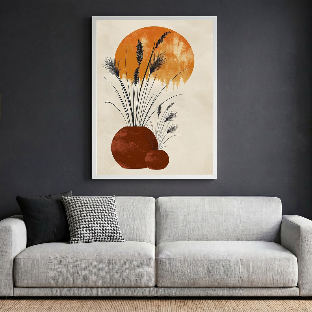 Wadi Home framed abstract botanical wall art featuring terracotta vessels and stylized grasses on a neutral background.
