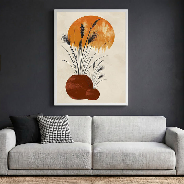 Wadi Home framed abstract botanical wall art featuring terracotta vessels and stylized grasses on a neutral background.