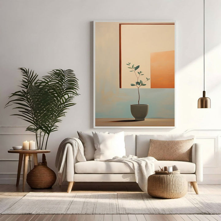 Wadi Home abstract botanical framed wall art with beige, terracotta, and blue tones. Minimalist potted plant design.