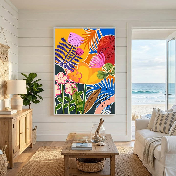 Wadi Home abstract botanical garden framed wall art with vibrant blue, yellow, pink, and green floral patterns.