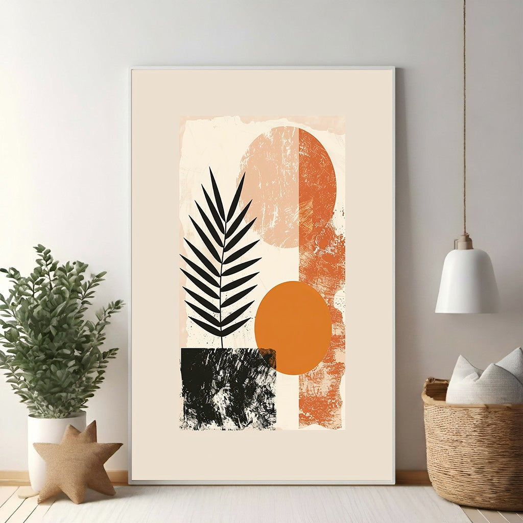 Wadi Home abstract botanical geometric wall art with terracotta and black leaf and circle shapes on textured background.