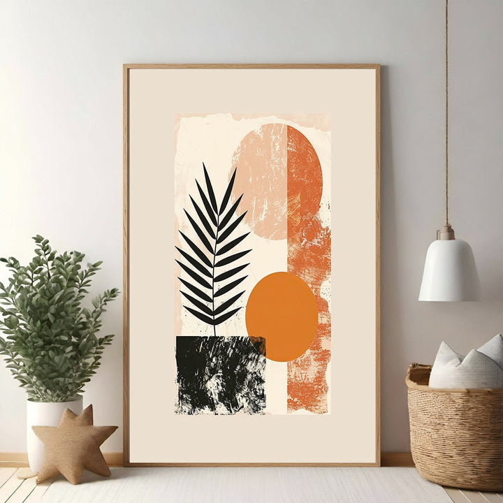 Wadi Home abstract botanical geometric wall art with terracotta and black leaf and circle motifs on textured background.