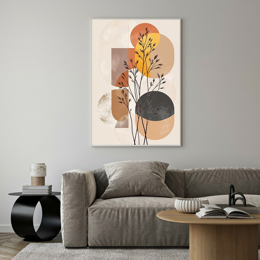 Wadi Home abstract botanical geometric wall art with terracotta, ochre, brown, black, and cream circles and plant stems.