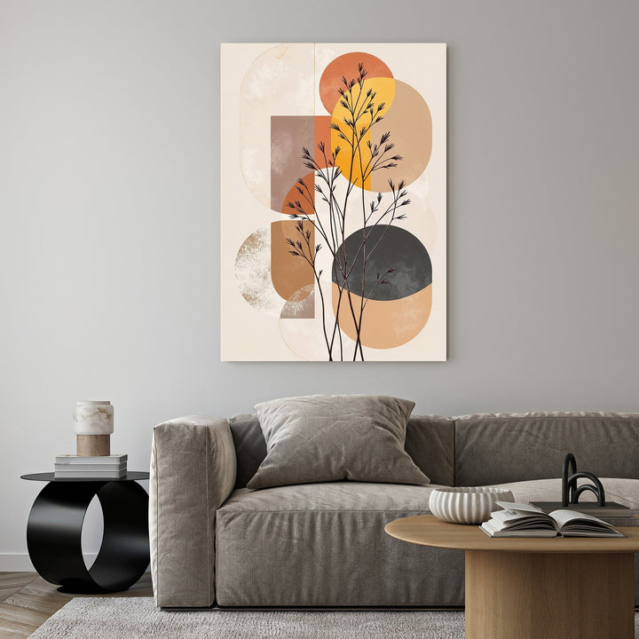 Wadi Home abstract botanical geometric wall art with terracotta, ochre, black, and cream colors. Features organic shapes and clean lines.