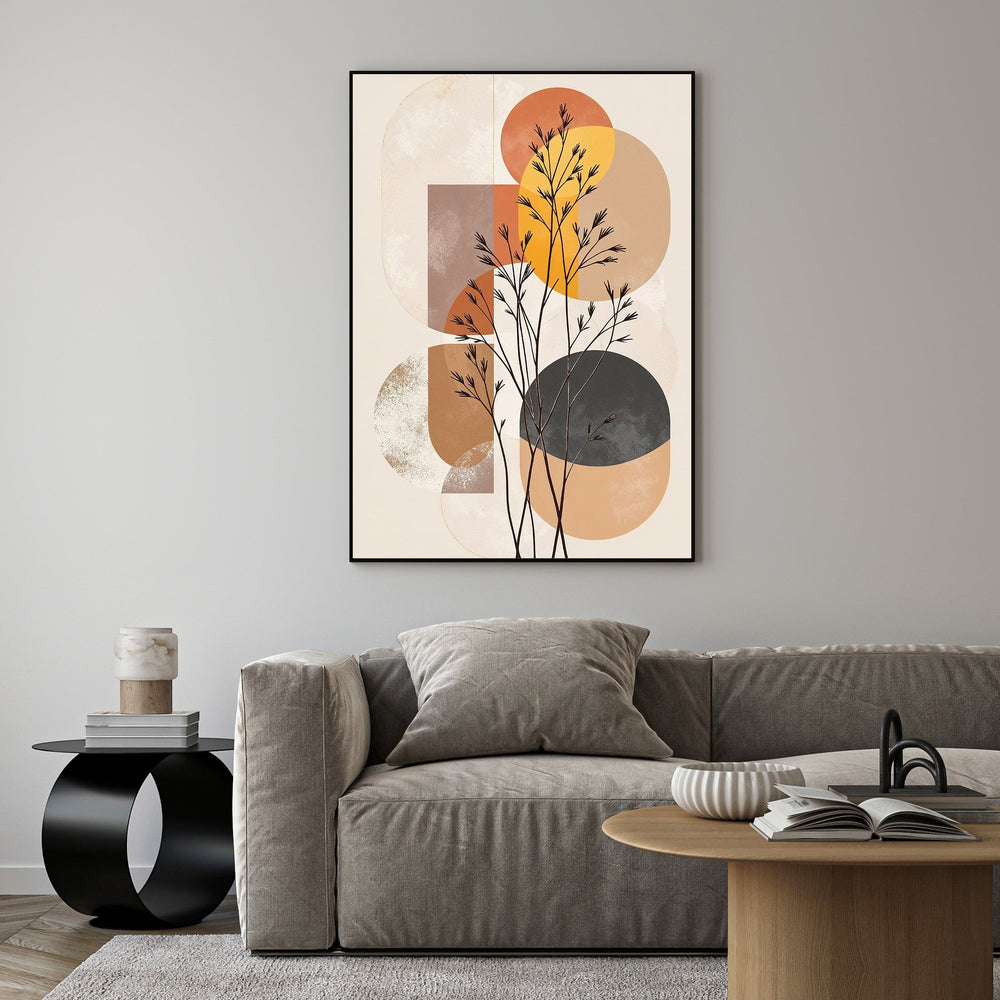 Wadi Home abstract botanical geometric wall art with terracotta, ochre, brown, black, and cream circles and plant stems.