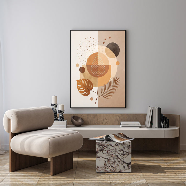 Wadi Home abstract botanical geometric wall art in warm earthy tones of brown and beige, featuring leaf motifs and circles.