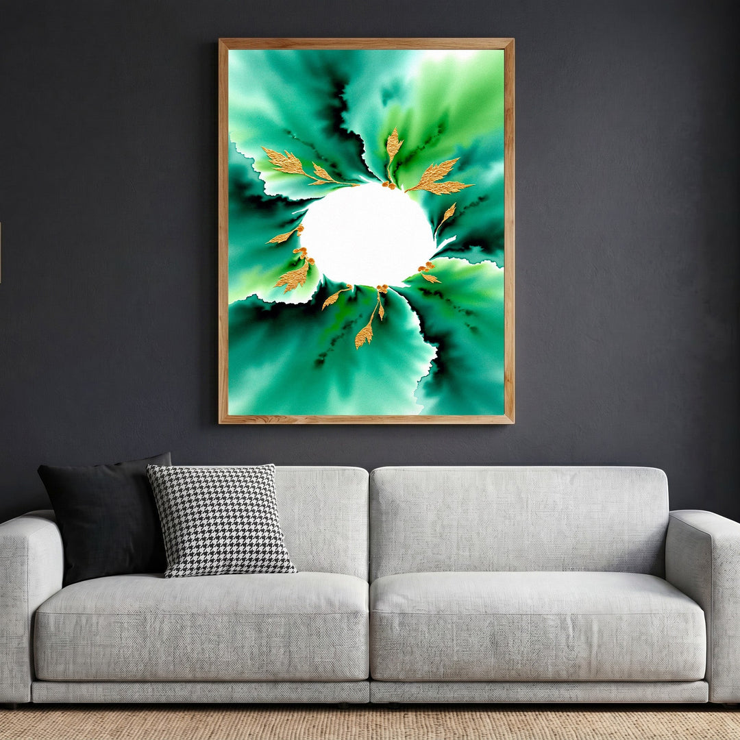 Wadi Home abstract botanical wall art with emerald green watercolor design and gold leaf accents in a wooden frame.