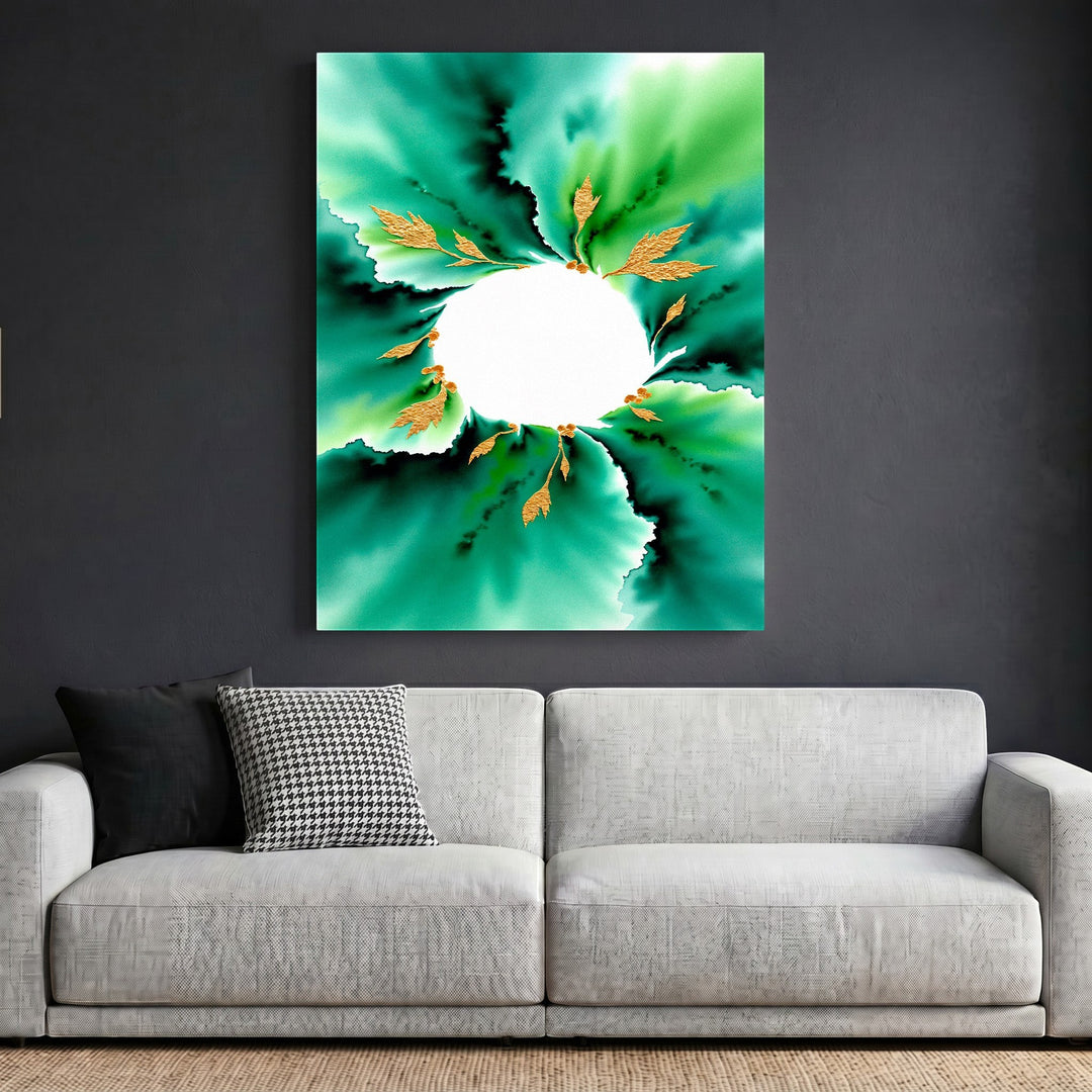 Wadi Home abstract botanical framed wall art with emerald green watercolor design and gold leaf accents above a sofa.