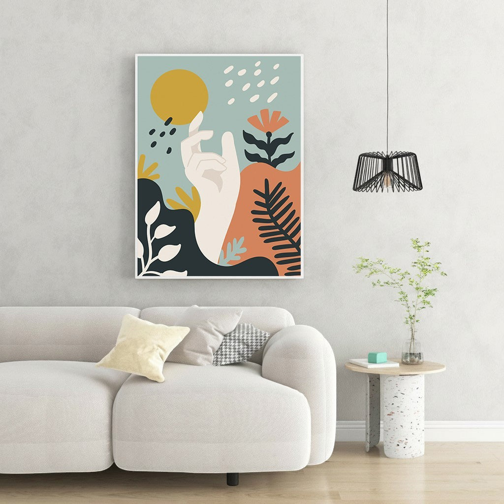 Wadi Home abstract botanical wall art with teal, ochre, terracotta, and a stylized hand.