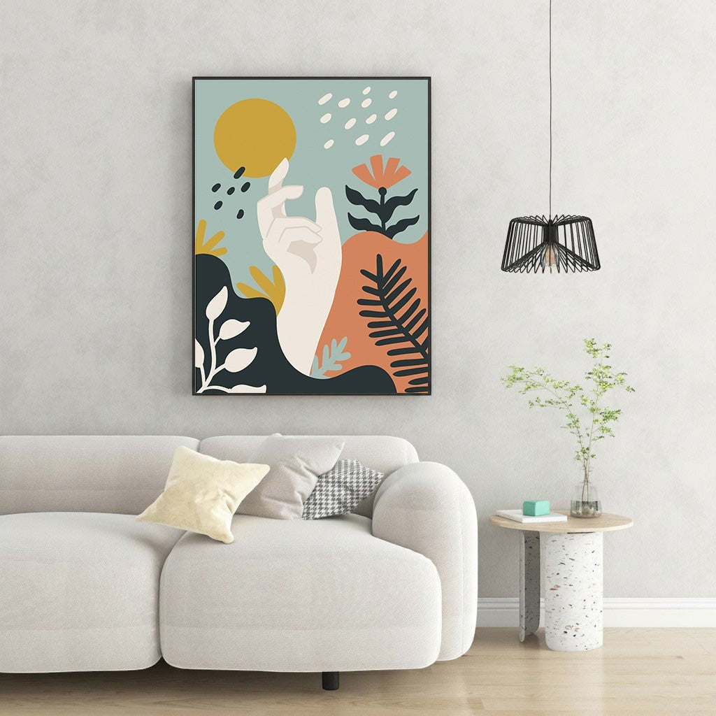 Wadi Home abstract botanical hand wall art in teal, ochre, terracotta, and yellow with minimalist design.