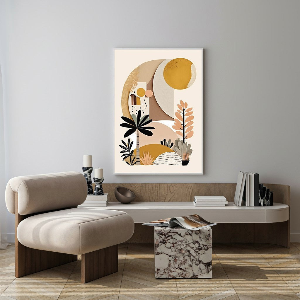 Wadi Home abstract botanical landscape art with warm earthy tones, featuring stylized plants and a sun motif. Framed in MDF with a glass front.