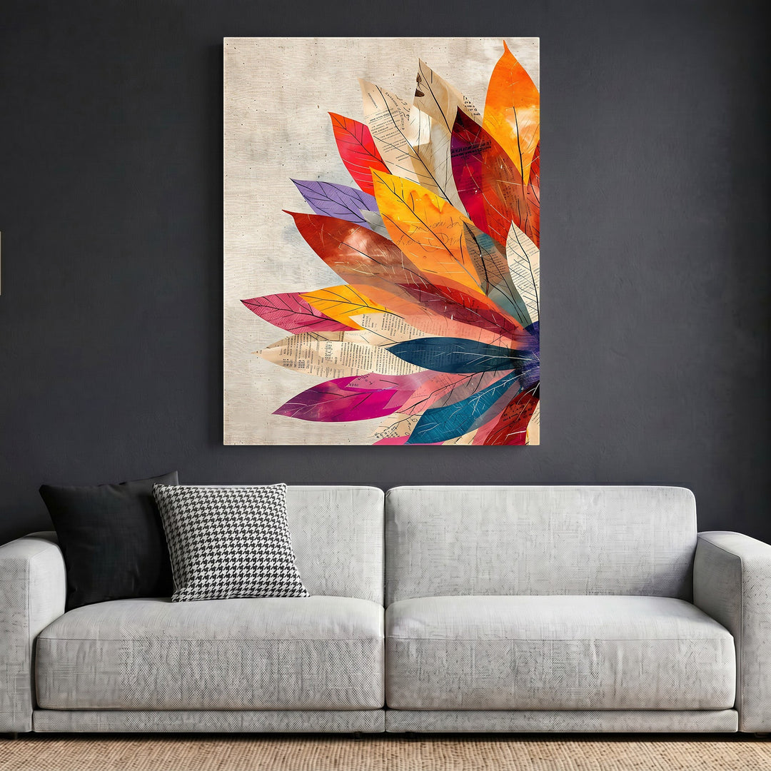 Wadi Home abstract botanical leaf wall art print with vibrant orange, red, and blue foliage on a textured background.