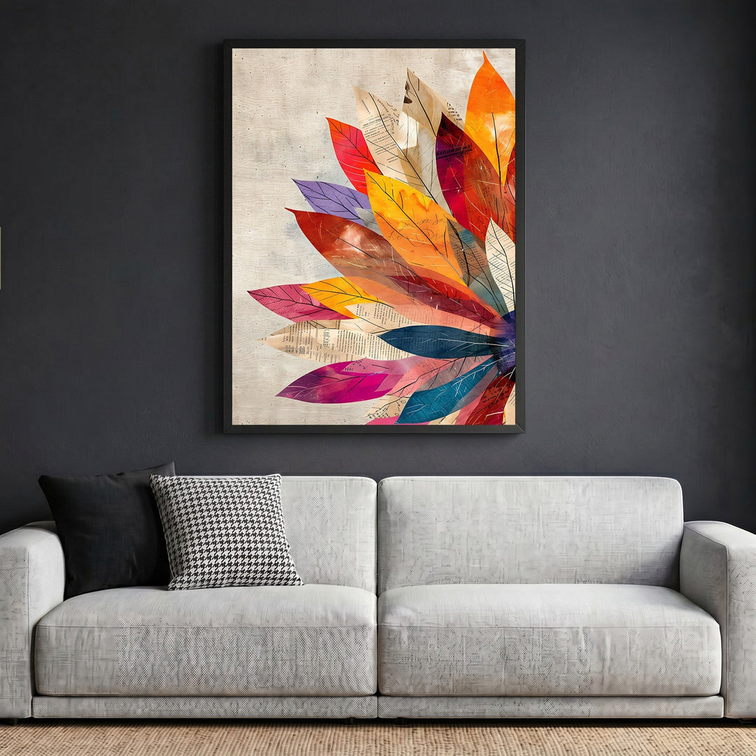 Wadi Home abstract botanical leaf wall art print with vibrant orange, red, and blue foliage on a textured background.