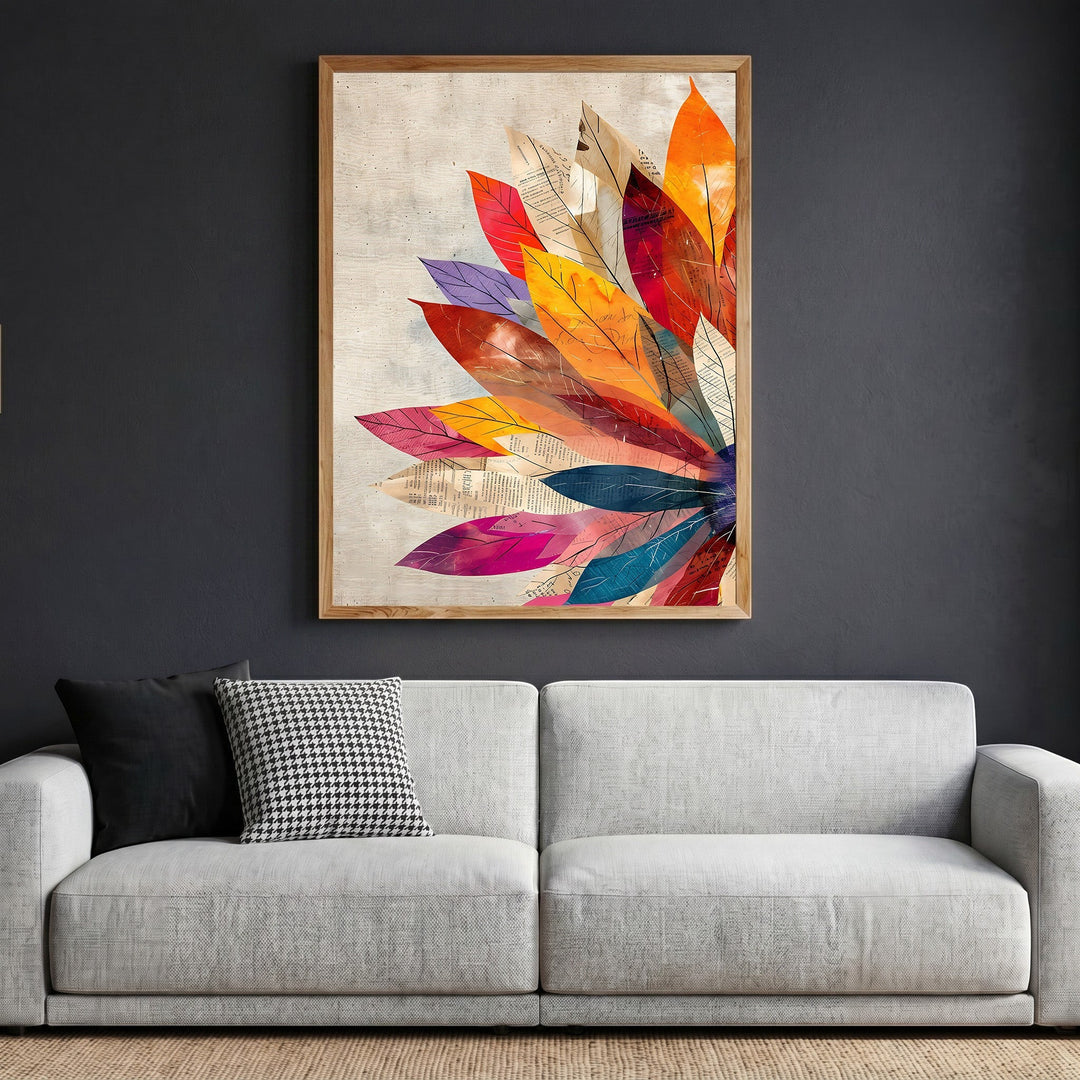 Wadi Home abstract botanical leaf wall art print with vibrant orange, red, and blue foliage on a textured background.