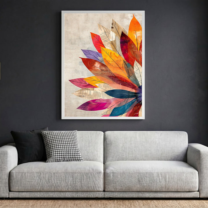 Wadi Home abstract botanical leaf wall art print with vibrant orange, red, and blue foliage on a textured background.