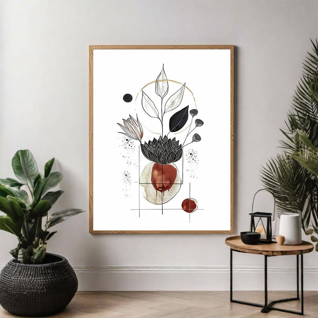 Wadi Home abstract botanical line art framed wall art with black, white, and terracotta details.