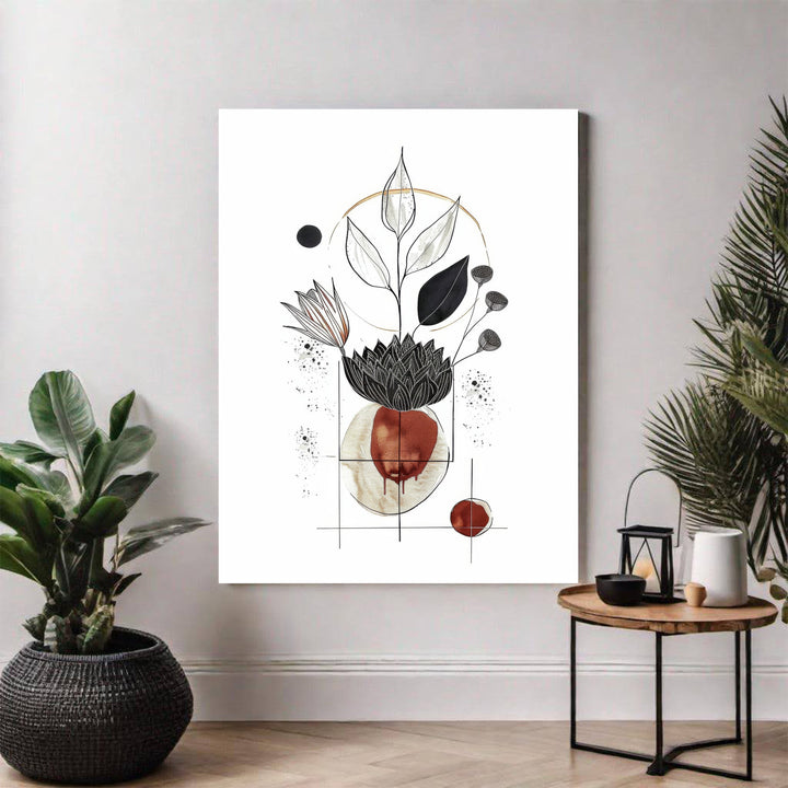 Wadi Home abstract botanical line art featuring black and white leaves, a terracotta shape, and gold accents in a minimalist design.
