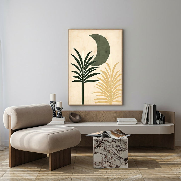 Wadi Home Abstract Botanical Moon Wall Art with green moon and palm fronds in deep green and ochre.
