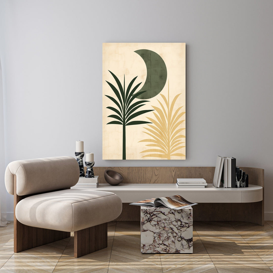 Wadi Home Abstract Botanical Moon Wall Art with green crescent moon and palm fronds in deep green and ochre.
