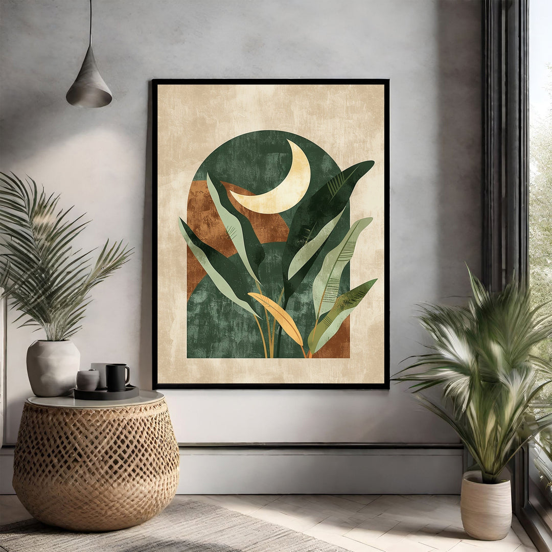 Wadi Home abstract botanical archway moonscape wall art with lush green foliage and a crescent moon in earthy tones.