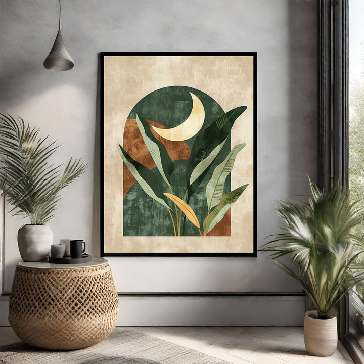 Wadi Home abstract botanical archway moonscape wall art with lush green foliage and a crescent moon in earthy tones.