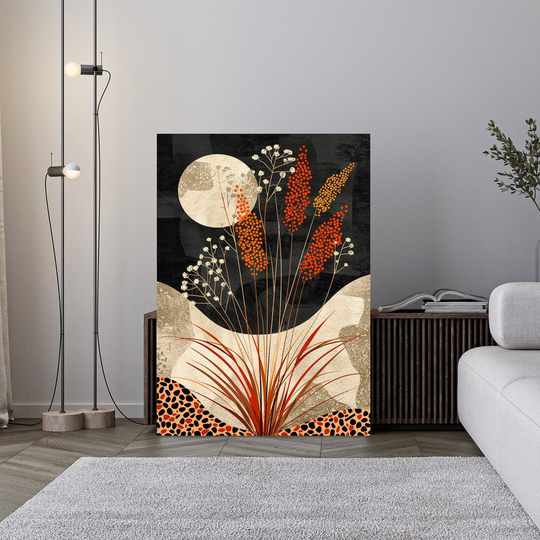 Wadi Home Abstract Botanical Moonscape Wall Art with orange and cream floral elements on black background.