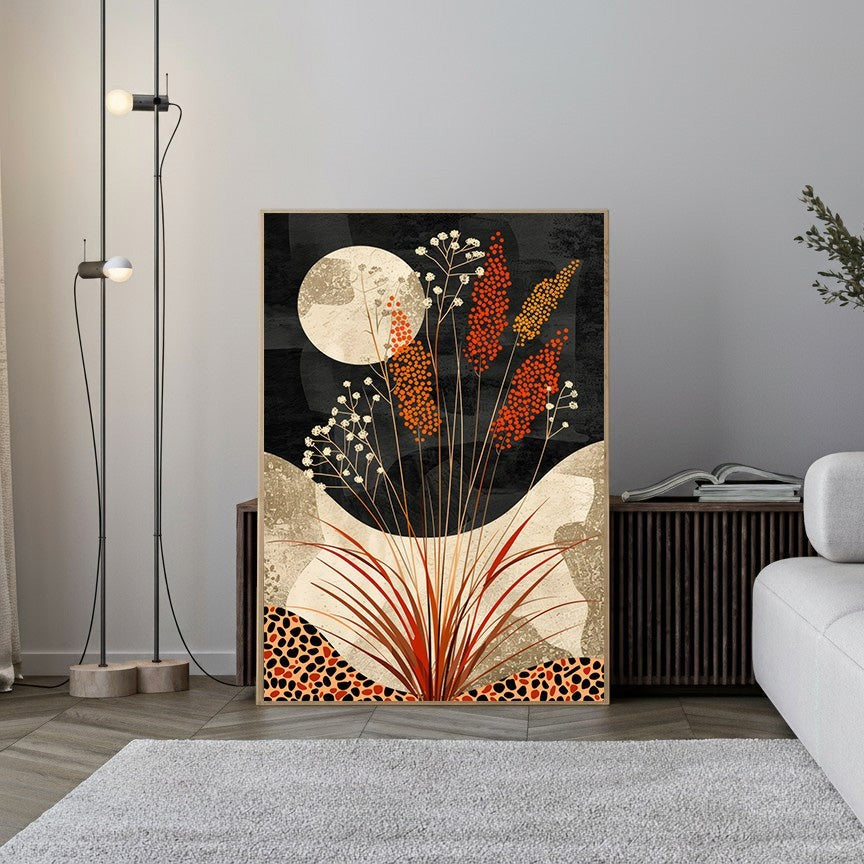 Wadi Home Abstract Botanical Moonscape Wall Art with orange and white flowers, moon, and black background.