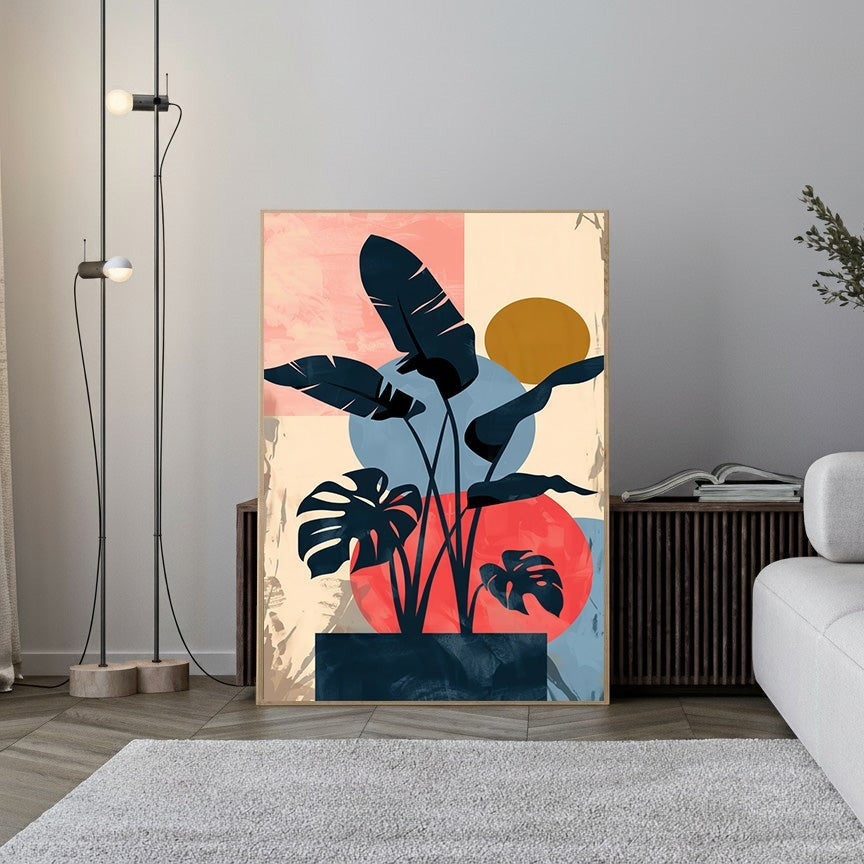 Wadi Home abstract botanical plant art with dark blue leaves, red and blue circles, and a yellow sun on a neutral background.
