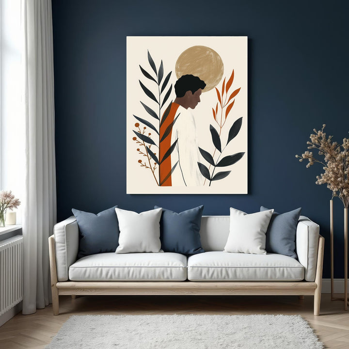 Wadi Home abstract botanical portrait wall art with profile of a person, sun, and plants in black, terracotta, and beige.
