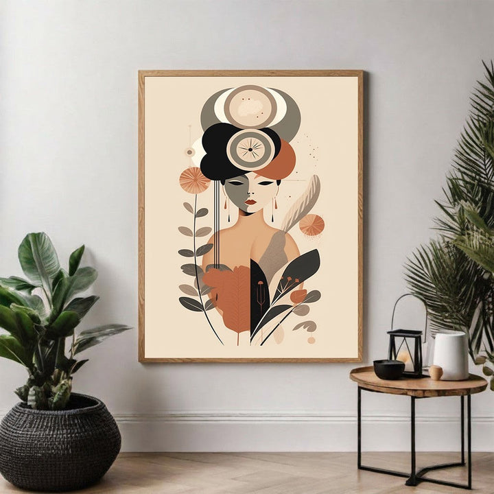 Wadi Home abstract botanical portrait wall art featuring a stylized female figure with terracotta, beige, and black floral elements.